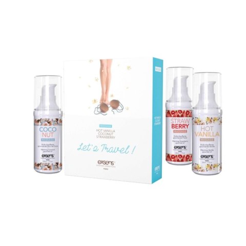 Exsens - Zestaw 3 rozgrzewających olejków do masażu - LET'S TRAVEL! (Strawberry, Hot Vanilla, Coconut) 3 x 30ml Exsens - Zestaw 3 rozgrzewających olejków do masażu - LET'S TRAVEL! (Strawberry, Hot Vanilla, Coconut) 3 x 30ml