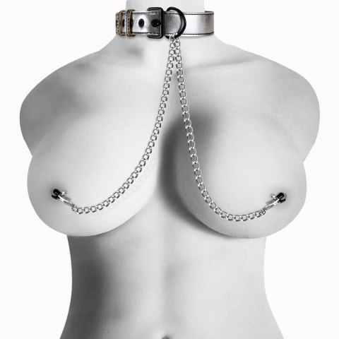 Metallic Silver Collar With Nipple Clamp Metallic Silver Collar With Nipple Clamp