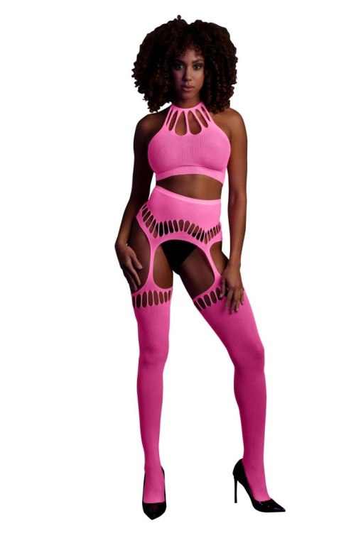 Ouch! - Komplet - Two Piece with Crop Top and Stockings - Pink - XS/XL Ouch! - Komplet - Two Piece with Crop Top and Stockings - Pink - XS/XL