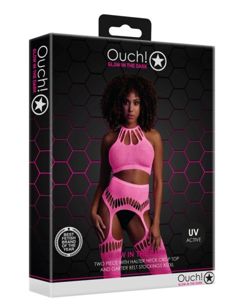 Ouch! - Komplet - Two Piece with Crop Top and Stockings - Pink - XS/XL Ouch! - Komplet - Two Piece with Crop Top and Stockings - Pink - XS/XL
