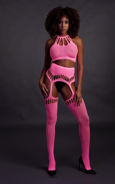 Ouch! - Komplet - Two Piece with Crop Top and Stockings - Pink - XS/XL Ouch! - Komplet - Two Piece with Crop Top and Stockings - Pink - XS/XL
