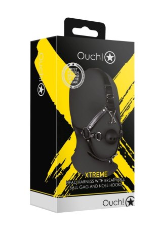 Uprząż z kneblem - Head Harness with Breathable Ball Gag and Nose Hooks - Black