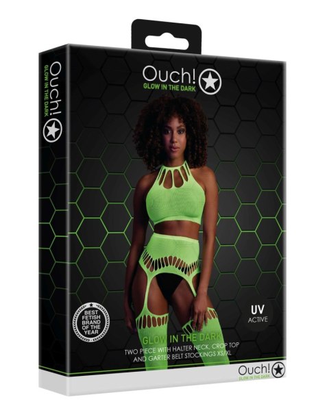 Ouch! - Komplet - Two Piece with Crop Top and Stockings - Green - XS/XL Ouch! - Komplet - Two Piece with Crop Top and Stockings - Green - XS/XL