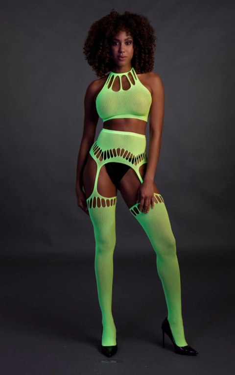 Ouch! - Komplet - Two Piece with Crop Top and Stockings - Green - XS/XL Ouch! - Komplet - Two Piece with Crop Top and Stockings - Green - XS/XL