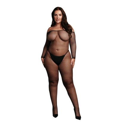 Le Désir - Bodystocking z odkrytymi ramionami, siateczkową strukturą i otwartym krokiem