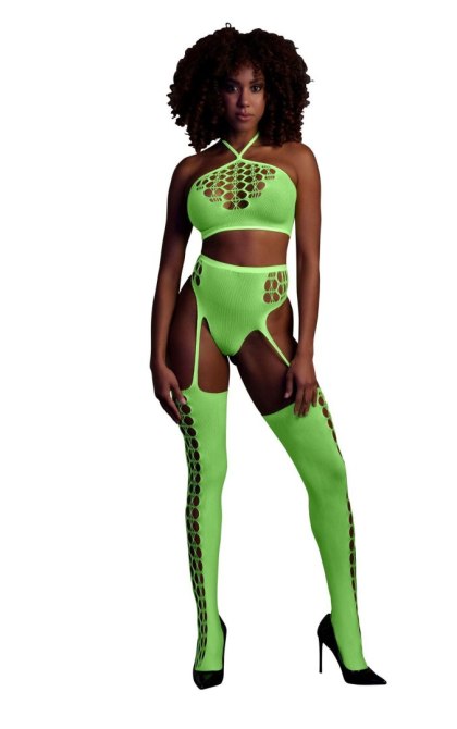Ouch! - Komplet - Two Piece with Crop Top and Stockings - Green - XS/XL