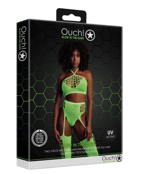 Ouch! - Komplet - Two Piece with Crop Top and Stockings - Green - XS/XL Ouch! - Komplet - Two Piece with Crop Top and Stockings - Green - XS/XL