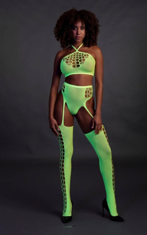 Ouch! - Komplet - Two Piece with Crop Top and Stockings - Green - XS/XL Ouch! - Komplet - Two Piece with Crop Top and Stockings - Green - XS/XL