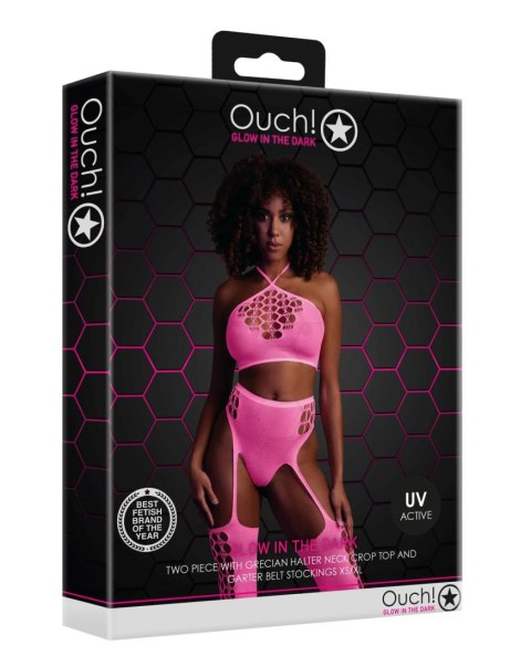 Ouch! - Dwóczęściowy Bodystocking - Two Piece with Crop Top and Stockings - Pink - XS/XL Ouch! - Dwóczęściowy Bodystocking - Two Piece with Crop Top and Stockings - Pink - XS/XL