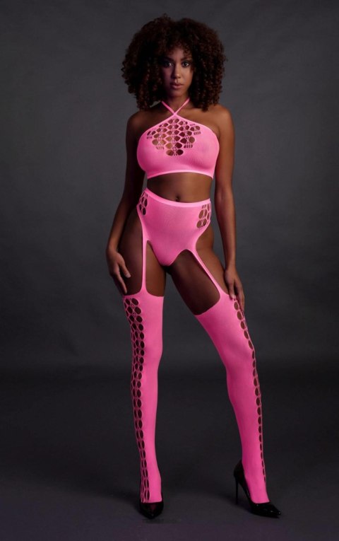 Ouch! - Dwóczęściowy Bodystocking - Two Piece with Crop Top and Stockings - Pink - XS/XL Ouch! - Dwóczęściowy Bodystocking - Two Piece with Crop Top and Stockings - Pink - XS/XL