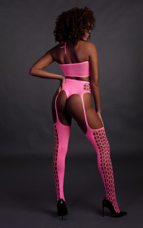 Ouch! - Dwóczęściowy Bodystocking - Two Piece with Crop Top and Stockings - Pink - XS/XL Ouch! - Dwóczęściowy Bodystocking - Two Piece with Crop Top and Stockings - Pink - XS/XL
